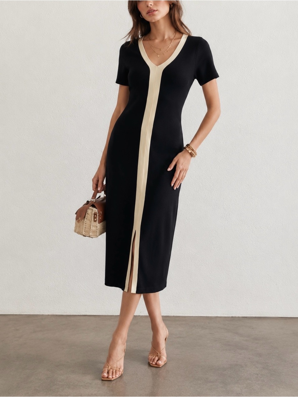 Commense Two Tone Knit Midi Dress Black Cream V Neck Side Slit Long Sleeve L